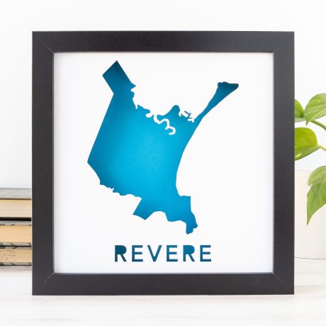 a blue silhouette of the city of Revere, MA