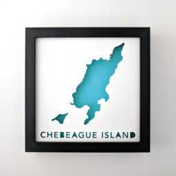 Framed 8x8 map of Chebeague Island, Maine with bright blue/teal background