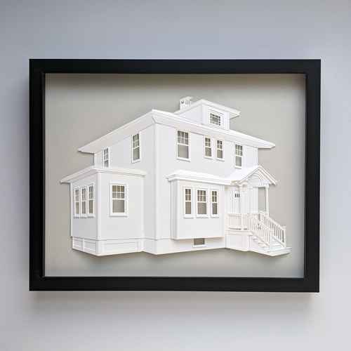 Completed house portrait on light gray background in black frame