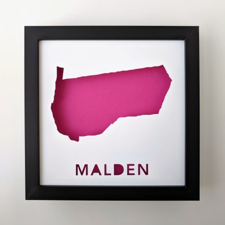 a framed pink piece of paper with the word malden on it