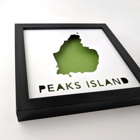 Angled view of framed map of Peaks Island, Maine