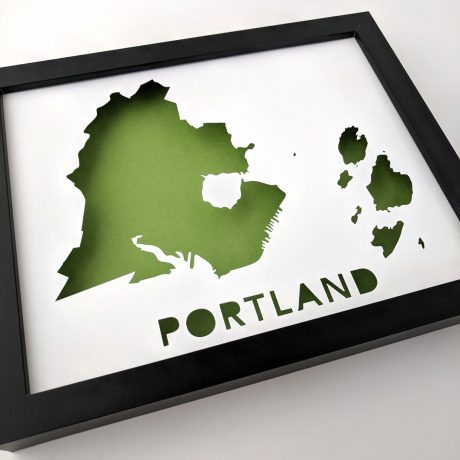 Framed map of Portland, Maine with green background