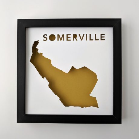 a black frame with a map of somervillee in it
