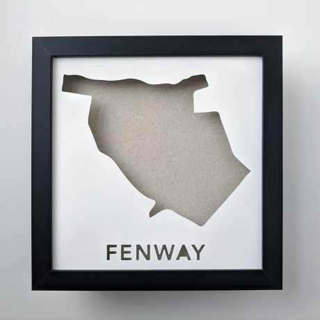 a black frame with a cut out map of the Fenway neighborhood of Boston
