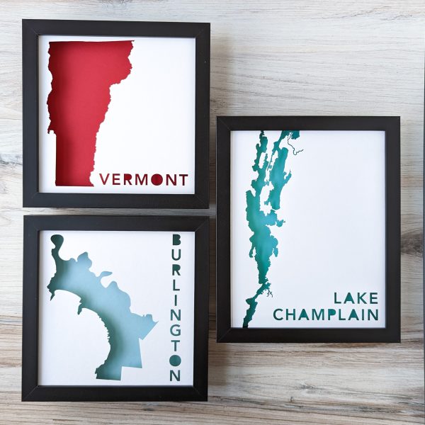 three framed maps of vermont and lake champlain