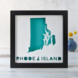 Teal Rhode Island map in black frame on white background