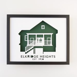 A house portrait silhouette of a house in Elkridge Heights, with "EST 1930" below