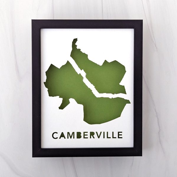 A black frame with a green map of Camberville, MA (Cambridge and Somerville, MA)