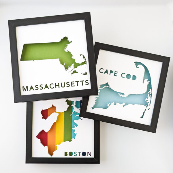 three framed maps of Massachusetts, Cape Cod, and Boston