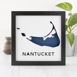 a black frame with a blue and white map of Nantucket Island