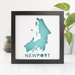 a black frame with a teal map of Newport, RI
