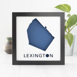 a blue poster with the name and shape of Lexington, MA