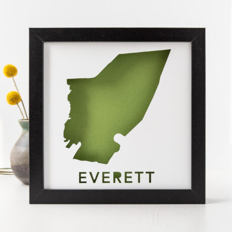 a black frame with a green map of Everett, MA