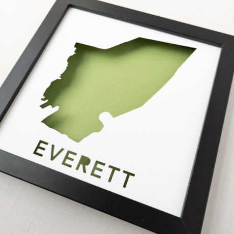 a black framed map of Everett, MA with a green background