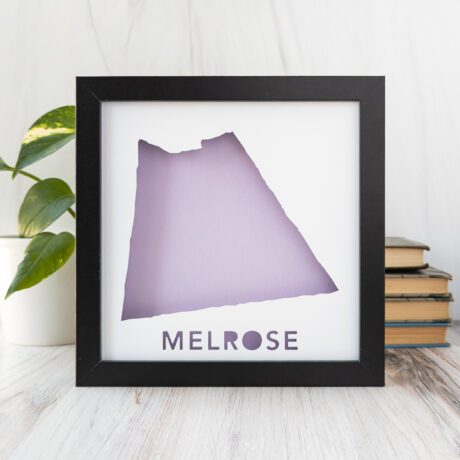 a framed purple map of Melrose, MA