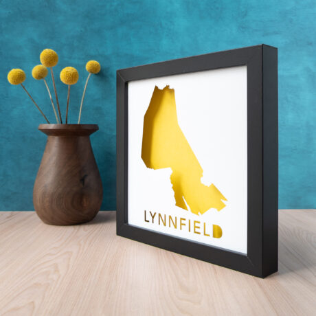 a vase with yellow flowers and a black frame holding a cut-out map of Lynnfield, MA