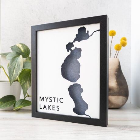 A map of the Mystic Lakes framed sitting on a table with a plant and a vase