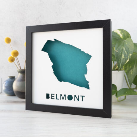 a black frame with a blue map of Belmont, MA
