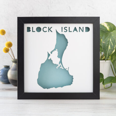 a black frame with a blue map of block island, ri