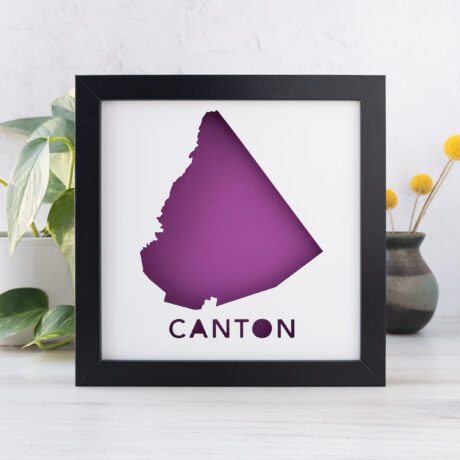 a framed purple map of Canton, MA