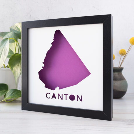a purple poster with the name and shape of the state of canton