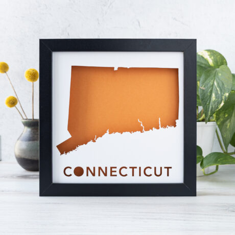 Orange and white framed map of the state of Connecticut in the U.S.