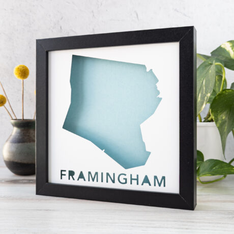 a framed photo of framingham in blue