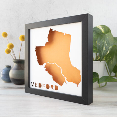 a framed photo of a map of the state of medford