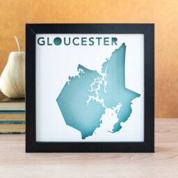 Framed blue and white map of Gloucester, MA