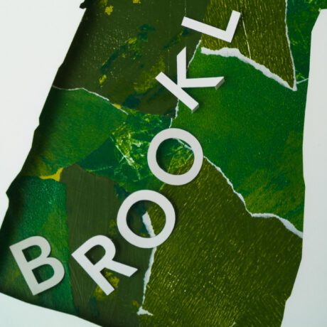 A closeup of the green collaged background of the Brookline map with the letters "BROOKL" visible.