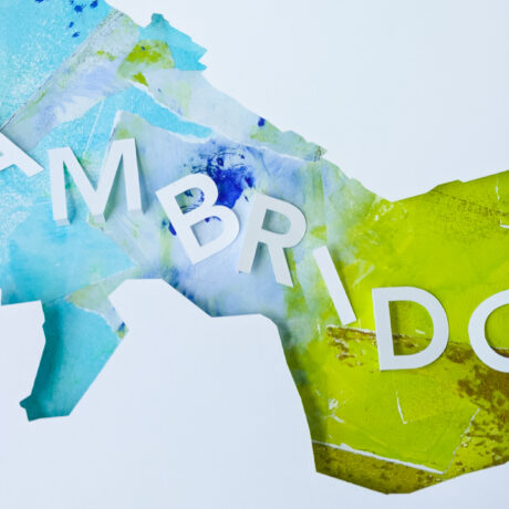 A closer view of the blue and green map of Cambridge, MA with the letters "MBRID" visible